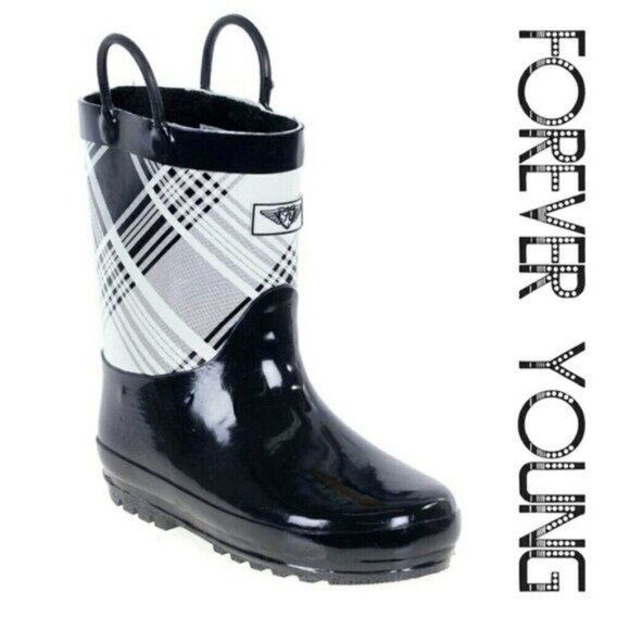 Kids Rainboots, Faux Fur Lined Rain Boots, k-1560, Black Plaid, Size 12 - Picture 1 of 4